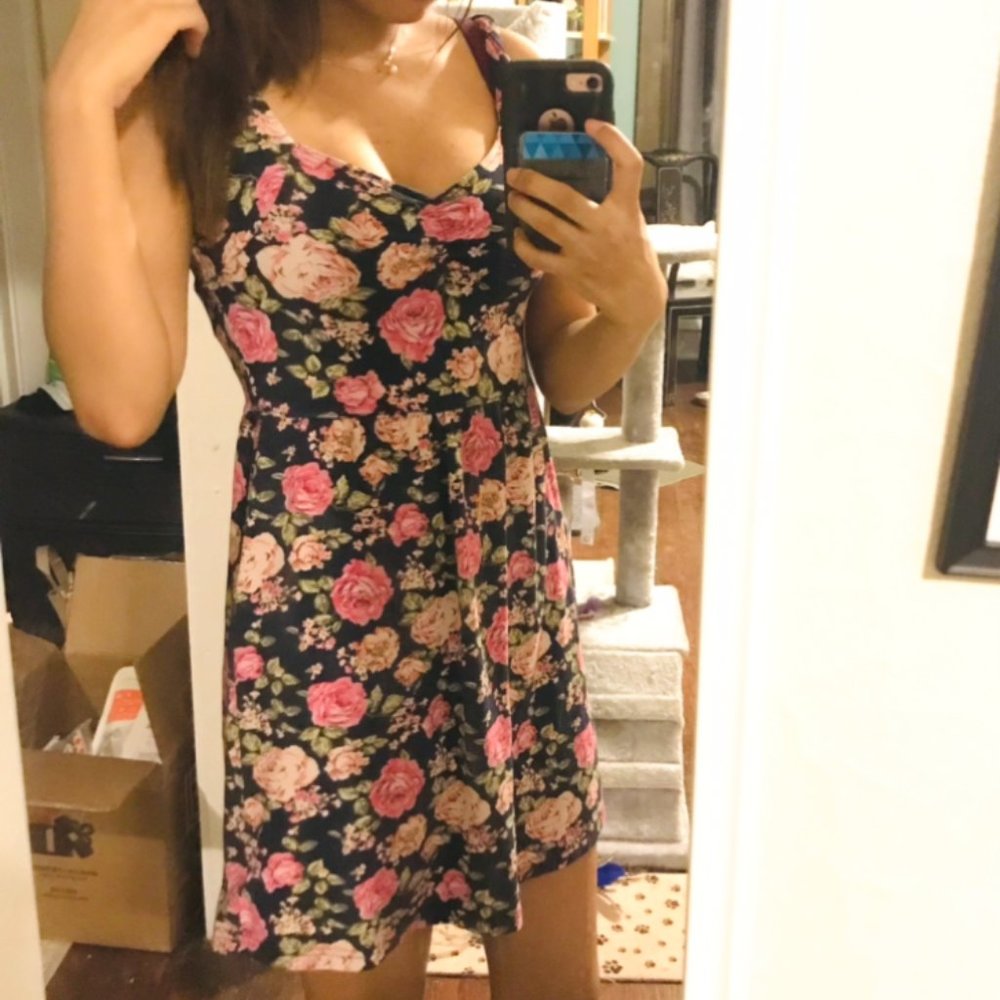 pink and navy floral skater dress